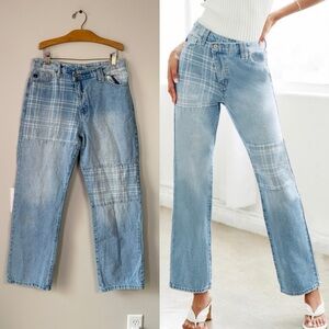 Kancan Plaid Patch Criss Cross Jeans